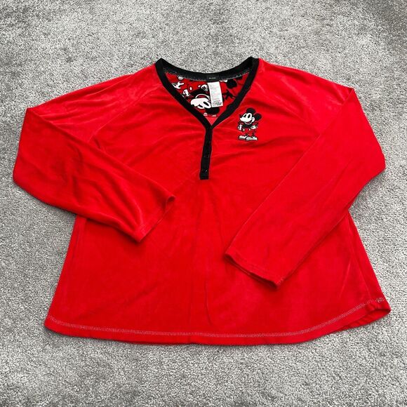 Disney Mickey Mouse Sleepwear Shirt Women XL Red Henley Long Sleeve Pajama Top - Picture 1 of 11